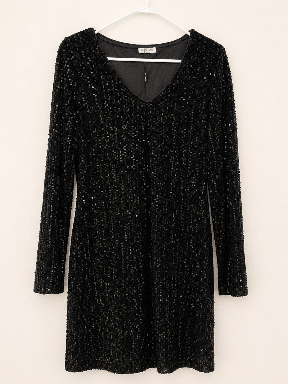 Black Sequin Long-Sleeve V-Neck Dress